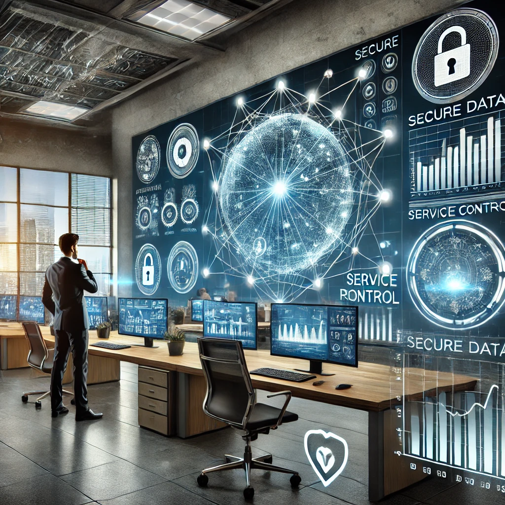 A-visual-representation-of-a-Network-Management-Policy-in-a-modern-office-environment.-The-image-features-a-digital-dashboard-with-data-flow-graphs